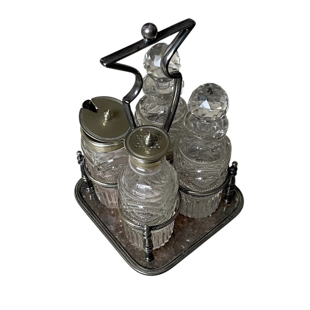 ANTIQUE Vintage Daniel & Arter EPNS Silver Plated Cruet Set 4 Crystal Bottles